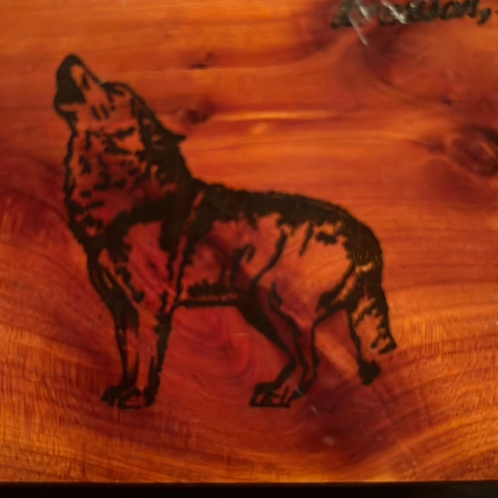 Small wooden box with hinged lid,wolf picture on lid